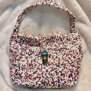 Lumured Vintage Purse Luma Mesh White Red Blue Flat Beaded Bag Bronze Hardware